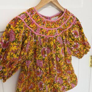 THML Boutique Yellow Floral Boho Peasant Blouse Cotton Top Size M